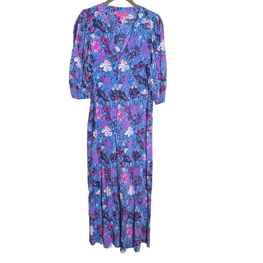 Lilly Pulitzer Andrei Maxi Dress Boca Blue Birds Eye View sz 4 - Picture 2 of 8